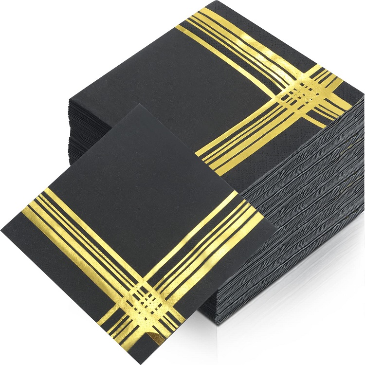 Gold Foil Black Table Napkins for Festival Decoration, Elegant Disposable Paper Napkins for Wedding & Party Celebrations